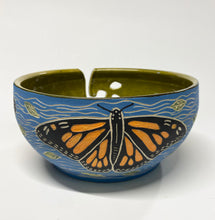 Load image into Gallery viewer, Wheel Thrown Pottery Yarn Bowl Sgraffito Monarch Butterflies Hand Painted