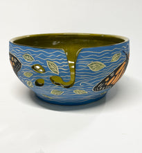 Load image into Gallery viewer, Wheel Thrown Pottery Yarn Bowl Sgraffito Monarch Butterflies Hand Painted