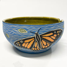 Load image into Gallery viewer, Wheel Thrown Pottery Yarn Bowl Sgraffito Monarch Butterflies Hand Painted