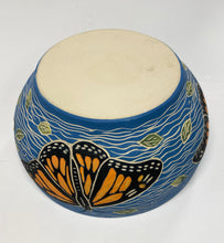 Load image into Gallery viewer, Wheel Thrown Pottery Yarn Bowl Sgraffito Monarch Butterflies Hand Painted
