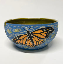 Load image into Gallery viewer, Wheel Thrown Pottery Yarn Bowl Sgraffito Monarch Butterflies Hand Painted