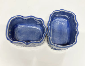Hand Made Stoneware Pottery Herb Stripper Bowl Dark Blue Leaves Ceramic