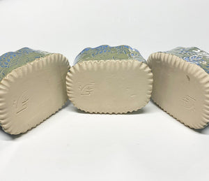 Hand Made Stoneware Pottery Herb Stripper Bowl Light Blue & Green Leaves Ceramic