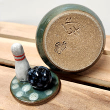 Load image into Gallery viewer, Wheel Thrown Ceramic Small Covered Jar Ring Trinket Box Jewelry Jar Dresser Jar Sculpted Bowling Ball &amp; Pin Bowlers