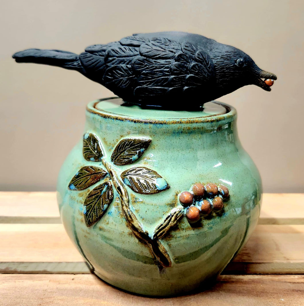 Covered Jar with Sculpted Blackbird on Lid