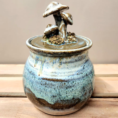 Wheel Thrown Ceramic Art Pottery Lidded Jar Sculpted Mushrooms