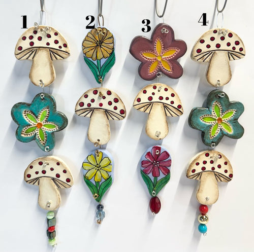 Hand Made Ceramic Wall Hanging Art Mushrooms Flowers Hand Painted with Bead Accents