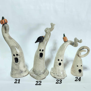 Hand Made Ceramic Clay Small Ghost Figurine Some with Pumpkin or Crow Halloween Decor Ghostie
