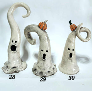 Hand Made Ceramic Clay Small Ghost Figurine Some with Pumpkin or Crow Halloween Decor Ghostie