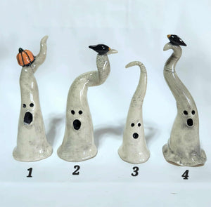 Hand Made Ceramic Clay Small Ghost Figurine Some with Pumpkin or Crow Halloween Decor Ghostie
