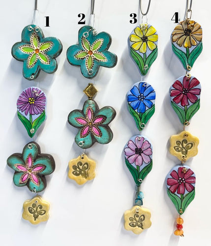 Hand Made Ceramic Wall Hanging Art Flowers Hand Painted with Wire and Bead Accents