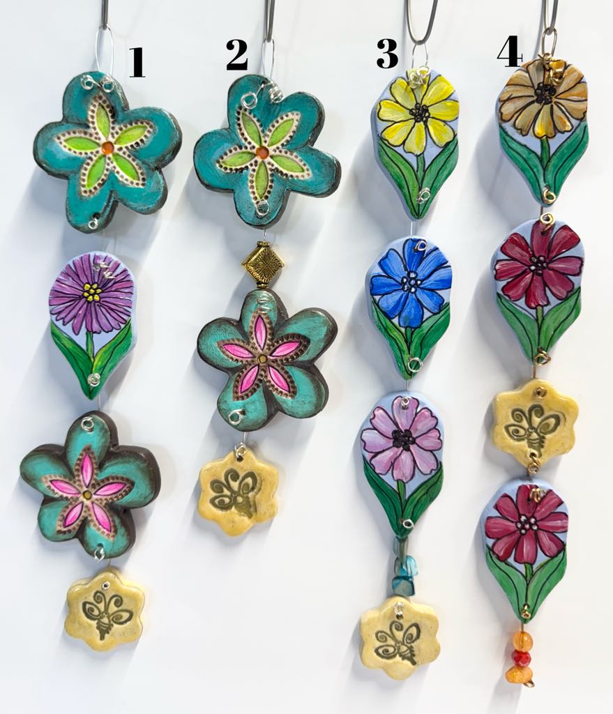Hand Made Ceramic Wall Hanging Art Flowers Hand Painted with Wire and Bead Accents
