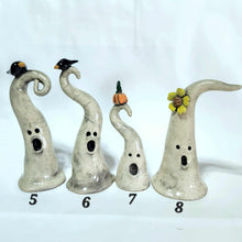 Load image into Gallery viewer, Hand Made Ceramic Clay Small Ghost Figurine Some with Pumpkin or Crow Halloween Decor Ghostie