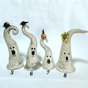 Hand Made Ceramic Clay Small Ghost Figurine Some with Pumpkin or Crow Halloween Decor Ghostie