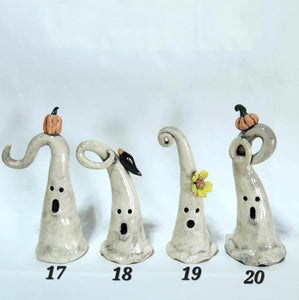 Hand Made Ceramic Clay Small Ghost Figurine Some with Pumpkin or Crow Halloween Decor Ghostie