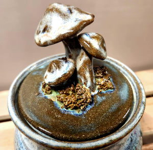 Wheel Thrown Ceramic Art Pottery Lidded Jar Sculpted Mushrooms