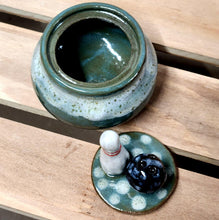 Load image into Gallery viewer, Wheel Thrown Ceramic Small Covered Jar Ring Trinket Box Jewelry Jar Dresser Jar Sculpted Bowling Ball &amp; Pin Bowlers