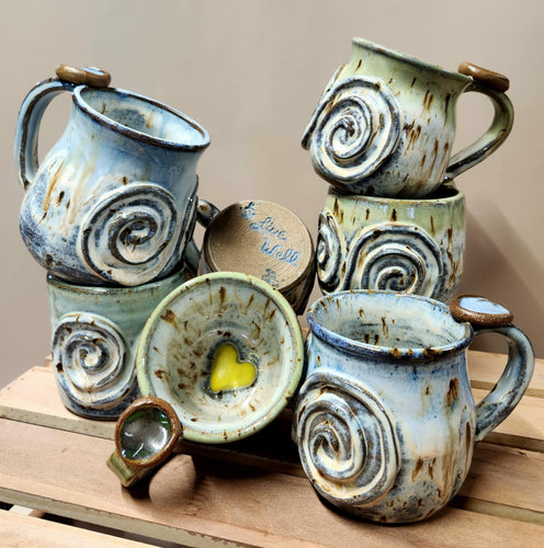 Wheel Thrown Stoneware Pottery Large Coffee Tea Original Calming Mug Cup with Worry Stone