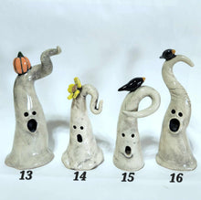 Load image into Gallery viewer, Hand Made Ceramic Clay Small Ghost Figurine Some with Pumpkin or Crow Halloween Decor Ghostie