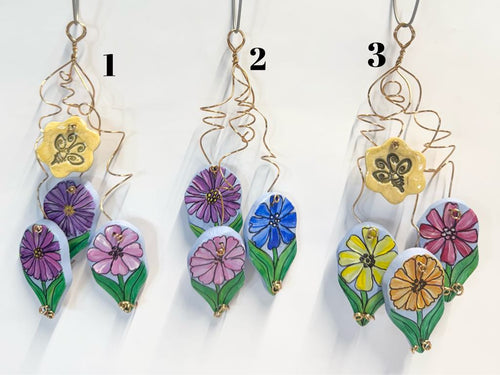 3 Hand Made Ceramic Flowers Hand Painted Acrylic Glazed Bee Curled Copper Wire Wall Hanging Ornament