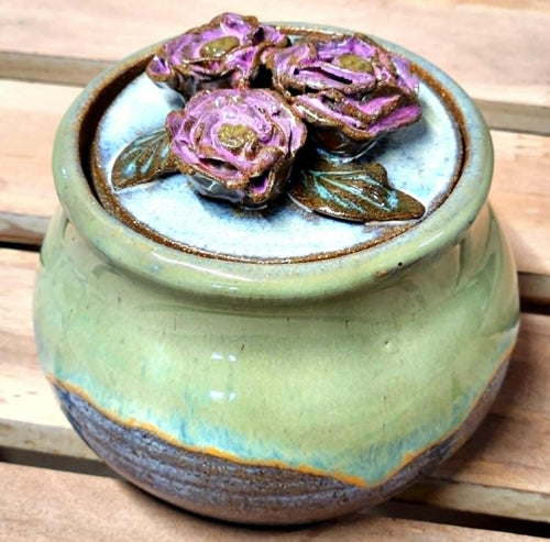 Wheel Thrown Ceramic Trinket Jar Ring Box Jewelry Jar Dresser Jar Sculpted Roses on Lid