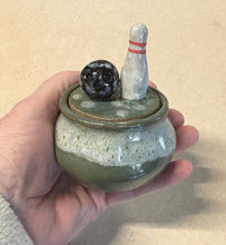 Load image into Gallery viewer, Wheel Thrown Ceramic Small Covered Jar Ring Trinket Box Jewelry Jar Dresser Jar Sculpted Bowling Ball &amp; Pin Bowlers
