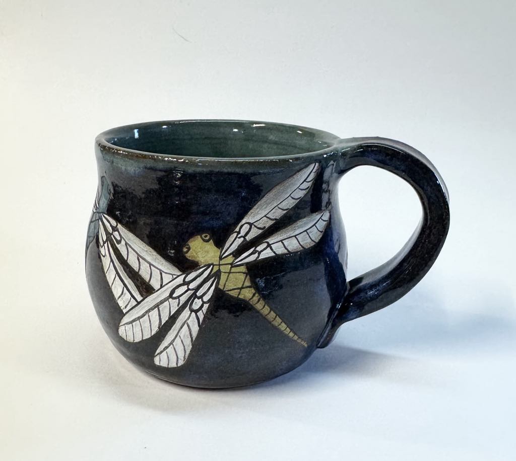 Wheel Thrown Stoneware Pottery Coffee Tea Mug Cup Hand Painted Dragonflies Dark Blue Glaze 10 oz.