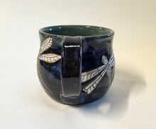 Load image into Gallery viewer, Wheel Thrown Stoneware Pottery Coffee Tea Mug Cup Hand Painted Dragonflies Dark Blue Glaze 10 oz.