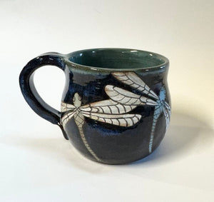 Wheel Thrown Stoneware Pottery Coffee Tea Mug Cup Hand Painted Dragonflies Dark Blue Glaze 10 oz.