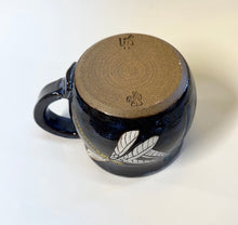 Load image into Gallery viewer, Wheel Thrown Stoneware Pottery Coffee Tea Mug Cup Hand Painted Dragonflies Dark Blue Glaze 10 oz.