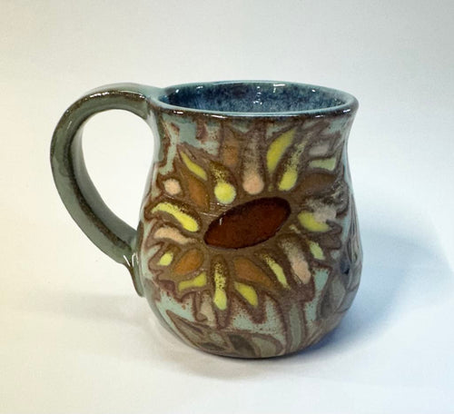 Wheel Thrown Stoneware Pottery Coffee Tea Mug Cup Hand Painted Abstract Sunflower 10 oz.