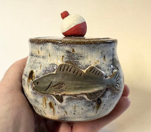 Wheel Thrown Ceramic Small Trinket Jar Ring Box Jewelry Jar Dresser Jar Walleye Sculpted Bobber