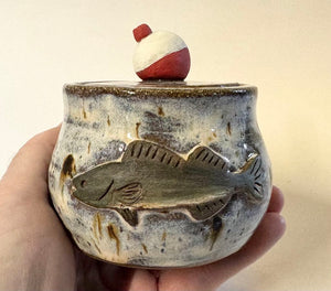 Wheel Thrown Ceramic Small Trinket Jar Ring Box Jewelry Jar Dresser Jar Walleye Sculpted Bobber