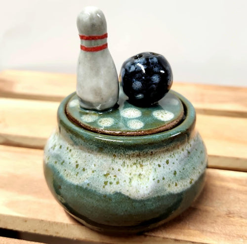 Wheel Thrown Ceramic Small Covered Jar Ring Trinket Box Jewelry Jar Dresser Jar Sculpted Bowling Ball & Pin Bowlers