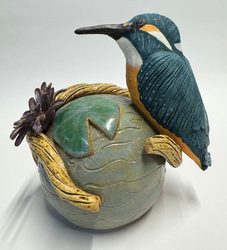 Hand Sculpted Ceramic Common Kingfisher Bird Sitting on Orb of Water Lily Pad & Lotus Flower