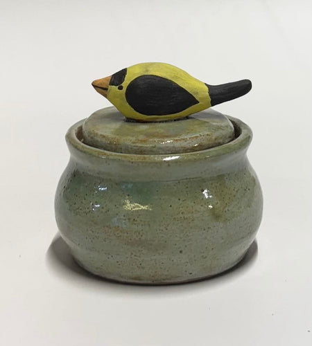 Wheel Thrown Ceramic Small Trinket Jar Ring Box Jewelry Jar Dresser Jar Sculpted American Goldfinch Bird