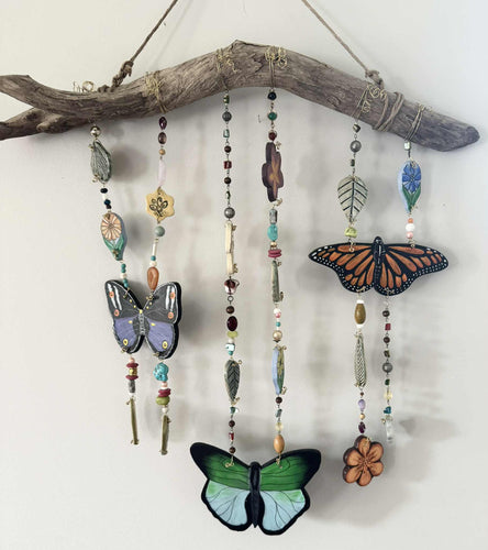 Hand Made Painted Ceramic Three Butterflies Flowers Mushroom Colorful Boho Wall Hanging Beads