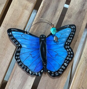 Hand Made Stoneware Pottery Blue Morpho Butterfly Ornament Wall Decor Ceramic Hand Painted