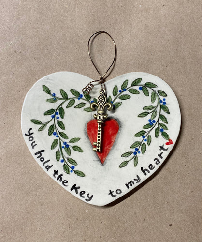 Hand Made Stoneware Pottery Key to My Heart Ornament Valentine’s Day