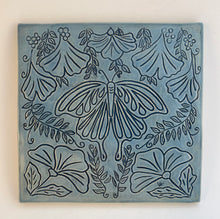 Load image into Gallery viewer, Sgraffito Art Nouveau Style Stoneware Pottery Blue Ceramic Art Tile Wall Plaque Butterfly Gingko Leaves Flowers