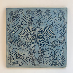 Sgraffito Art Nouveau Style Stoneware Pottery Blue Ceramic Art Tile Wall Plaque Butterfly Gingko Leaves Flowers
