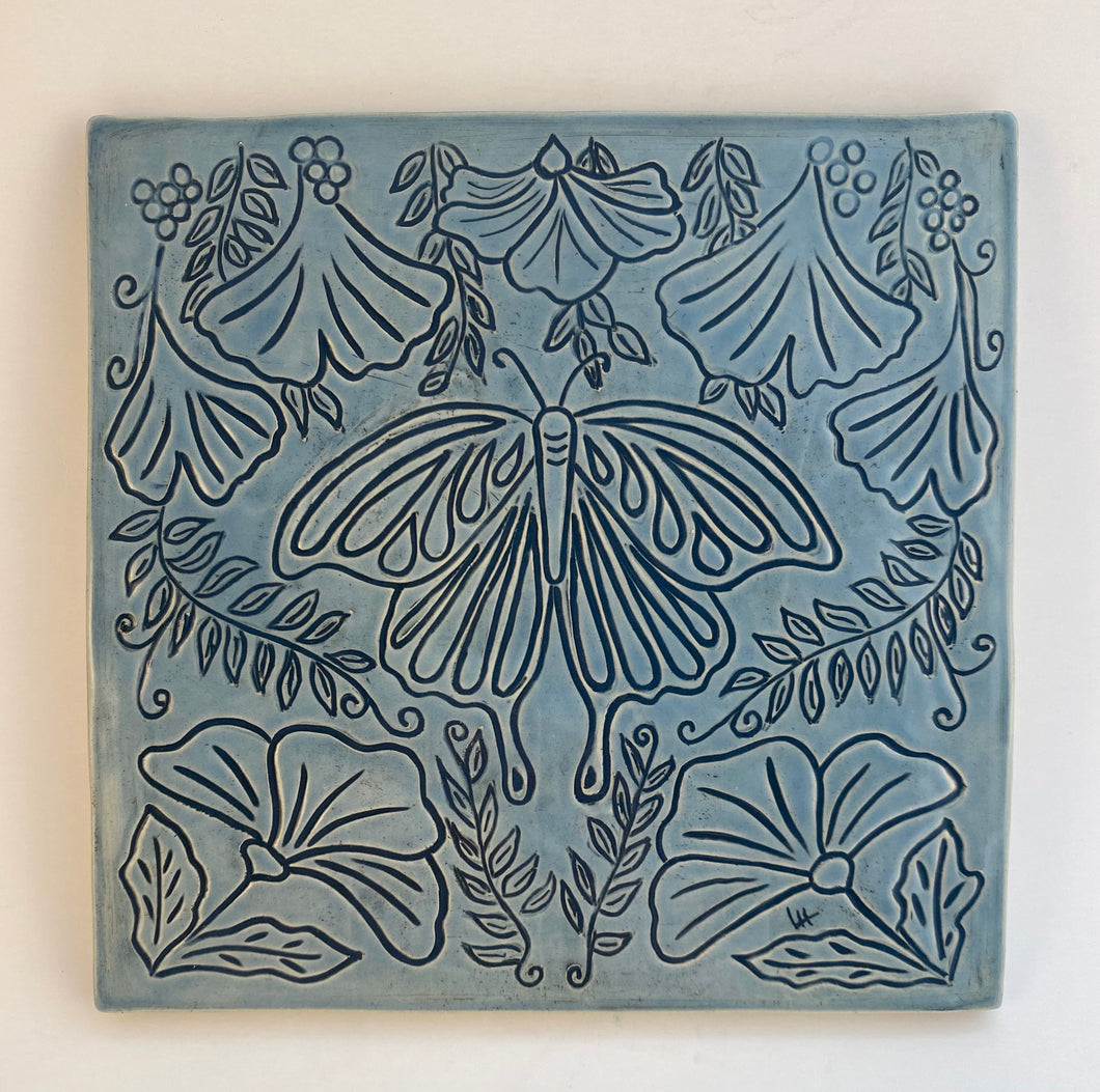 Sgraffito Art Nouveau Style Stoneware Pottery Blue Ceramic Art Tile Wall Plaque Butterfly Gingko Leaves Flowers
