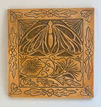 Load image into Gallery viewer, Sgraffito Art Nouveau Style Stoneware Pottery Salmon Ceramic Art Tile Wall Plaque Butterfly Flowers Bees