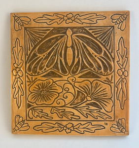 Sgraffito Art Nouveau Style Stoneware Pottery Salmon Ceramic Art Tile Wall Plaque Butterfly Flowers Bees