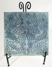 Load image into Gallery viewer, Sgraffito Art Nouveau Style Stoneware Pottery Blue Ceramic Art Tile Wall Plaque Butterfly Gingko Leaves Flowers