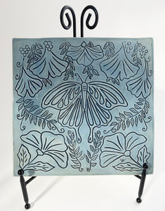 Sgraffito Art Nouveau Style Stoneware Pottery Blue Ceramic Art Tile Wall Plaque Butterfly Gingko Leaves Flowers
