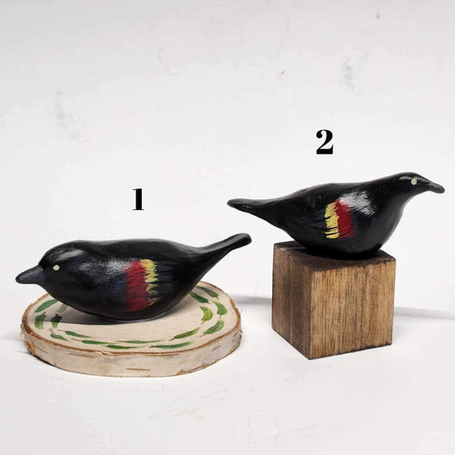 Hand Sculpted Hand Painted Stoneware Redwing Black Bird on Birch Round or Wood Block Primitive