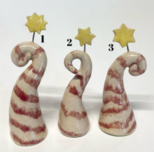 Load image into Gallery viewer, Small Miniature Hand Made Ceramic Stoneware Candy Cane Trees With Star Whimsical Red Striped
