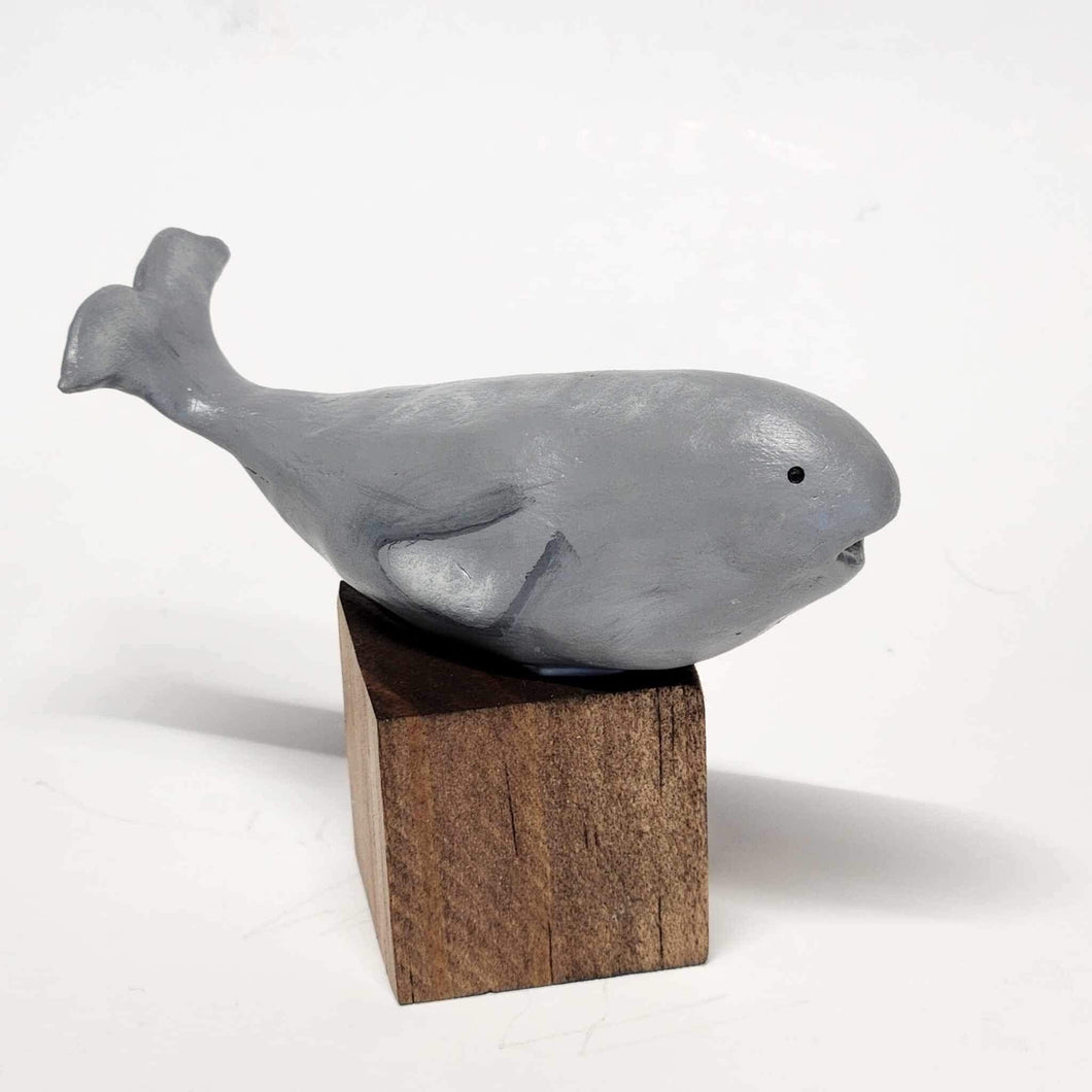 Hand Sculpted Hand Painted Stoneware Whale Figurine on Wood Block Primitive