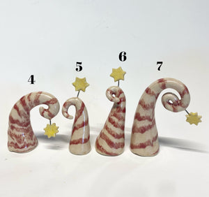 Small Miniature Hand Made Ceramic Stoneware Candy Cane Trees With Star Whimsical Red Striped